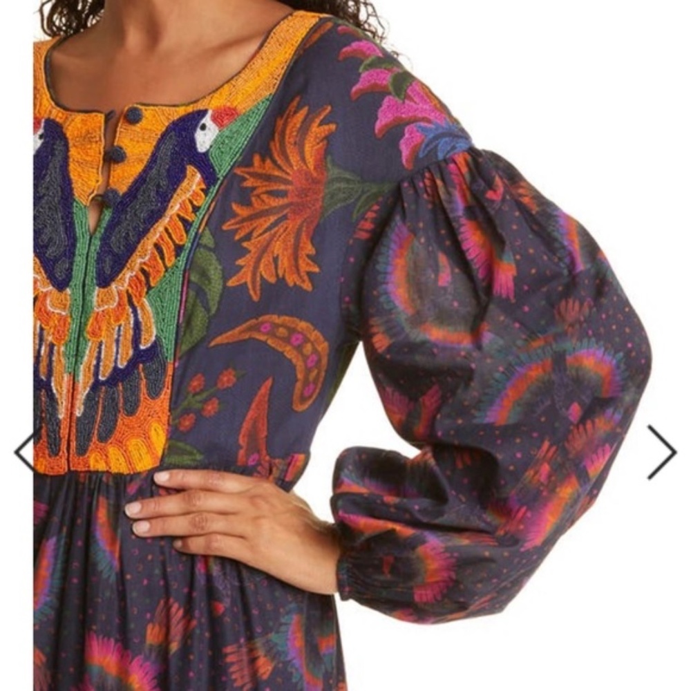 Farm Rio Rainbow Birds mixed fabric maxi dress size M
